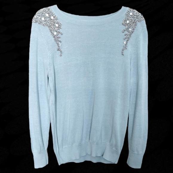 Halogen Jeweled Shoulder Sweater, Light Blue/Silver, Small/Petite - Picture 4 of 12